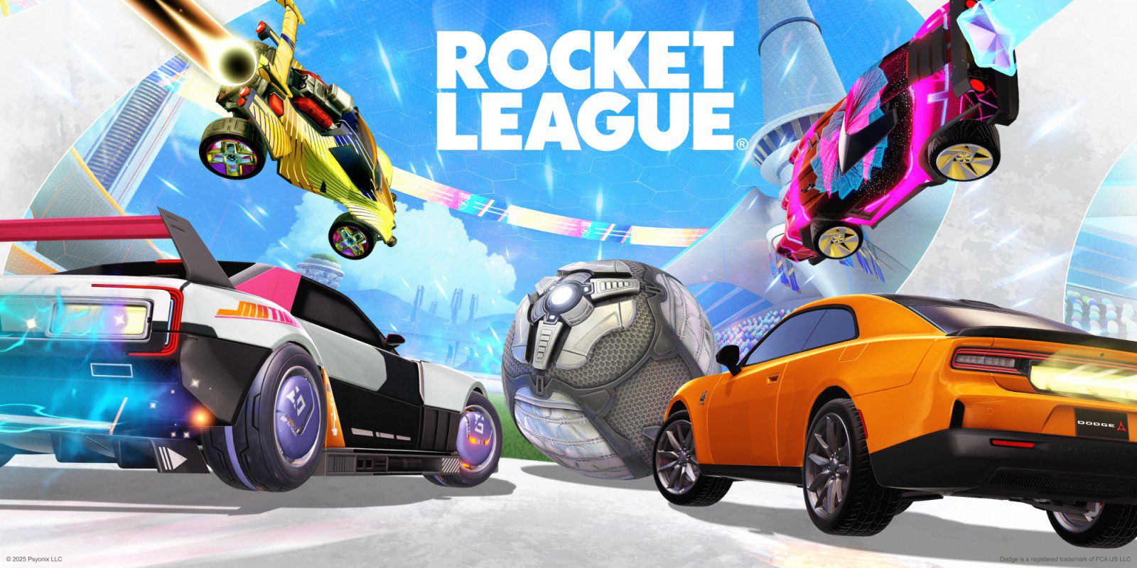 An image (button) with the words "Rocket League" above four vehicles driving towards a ball.